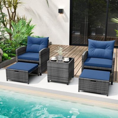 5 Piece Patio Rattan Furniture with 2 Ottomans and Tempered Glass Coffee Table-Navy