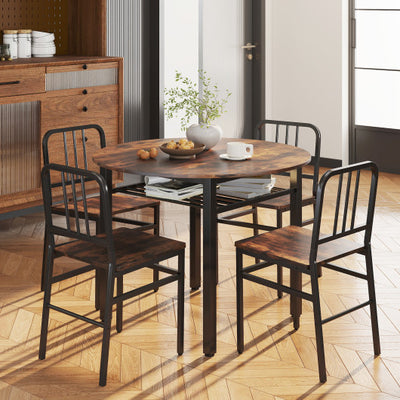 5-Piece Round Dining Table Set with Storage Shelf for Dining Room-Rustic Brown