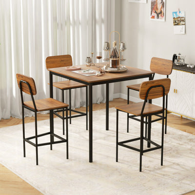5 Pieces Industrial Dining Table Set with Counter Height Table and 4 Bar Stools-Walnut