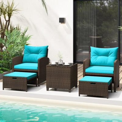 5 Pieces Patio Rattan Furniture with 2 Ottomans and Tempered Glass Coffee Table-Turquoise