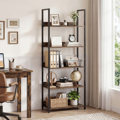 5-Tier Bookshelf Tall Wooden Open Bookcase with Back Panels-Rustic Brown
