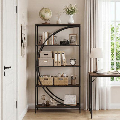5-Tier Bookshelf with Half-Moon Shape for Living Room and Home Office-Rustic Brown