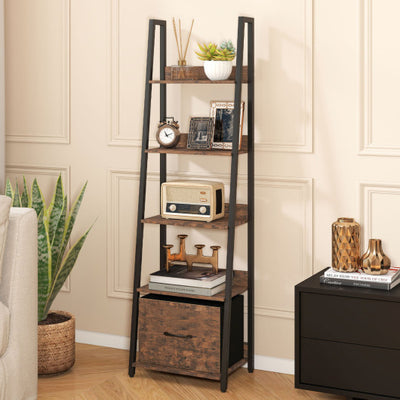 5-Tier Ladder Bookshelf with Fabric Drawer for Living Room and Home Office-Rustic Brown