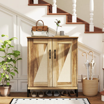 5-Tier Wooden Farmhouse Shoe Cabinet with Woven Rattan Doors-Natural