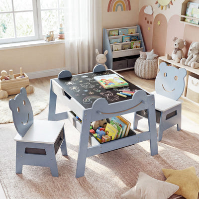 5-in-1 Toddler Table and 2 Chairs Cute Art Desk Set with Reversible Chalkboard Whiteboard-Grey
