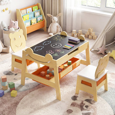 5-in-1 Toddler Table and 2 Chairs Cute Art Desk Set with Reversible Chalkboard Whiteboard-Natural