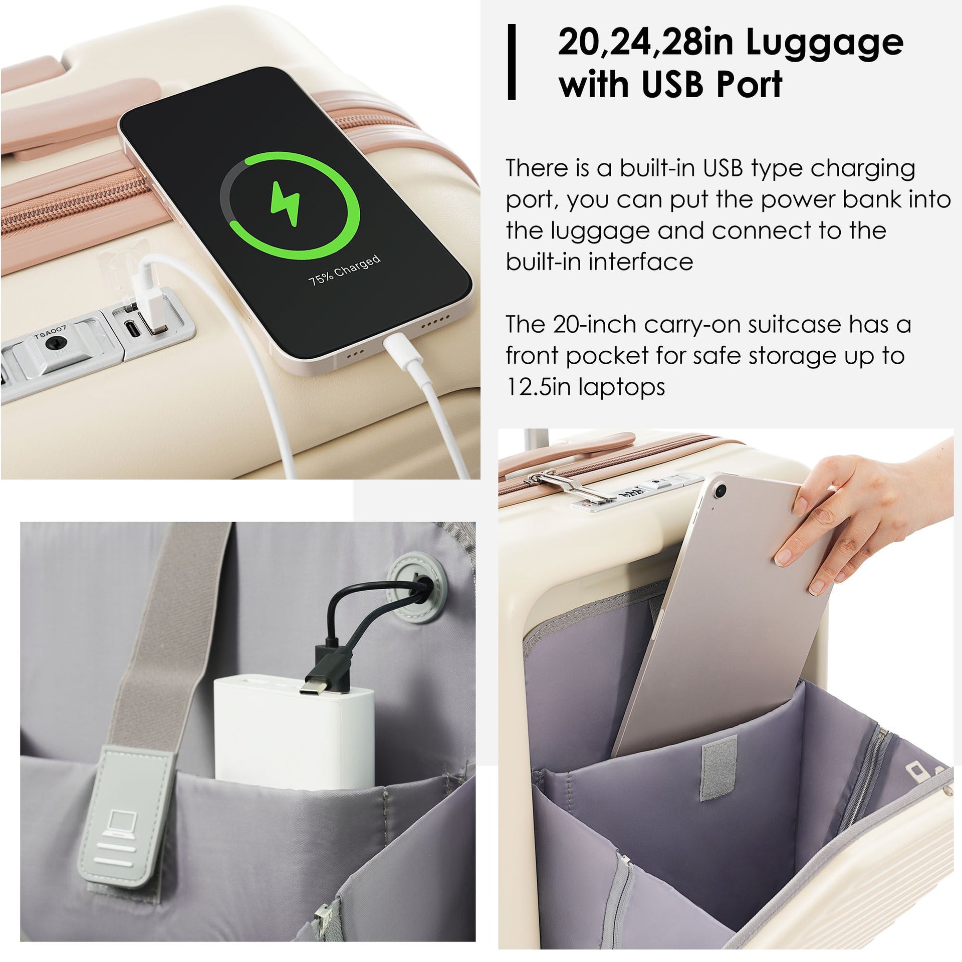Luggage Set of 3, 20, 24, 28inch with USB Port, 20, 24inch with front opening design Airline Certified Carry on Luggage with Cup Holder, ABS Hard Shell Luggage with Spinner Wheels, ivory and gloden