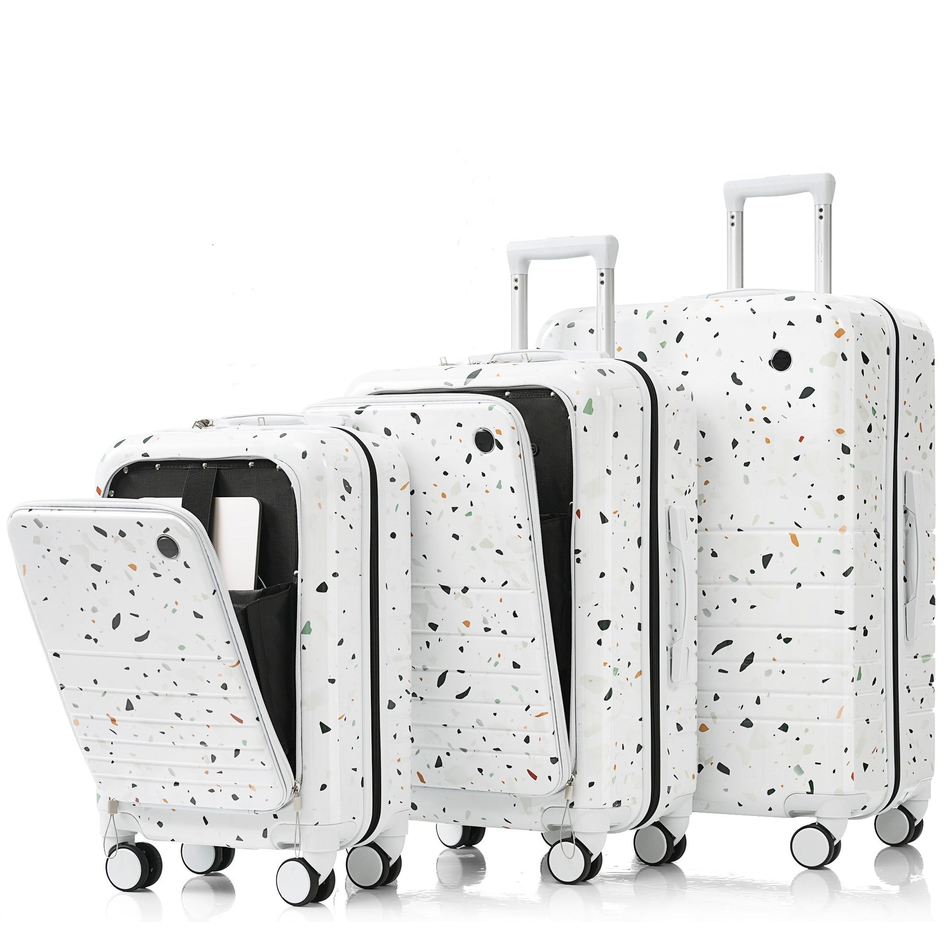 Luggage Set of 3, 20, 24, 28inch with USB Port, 20, 24inch with front opening design Airline Certified Carry on Luggage with Cup Holder, ABS+PC Hard Shell Luggage with Spinner Wheels, starry sky white