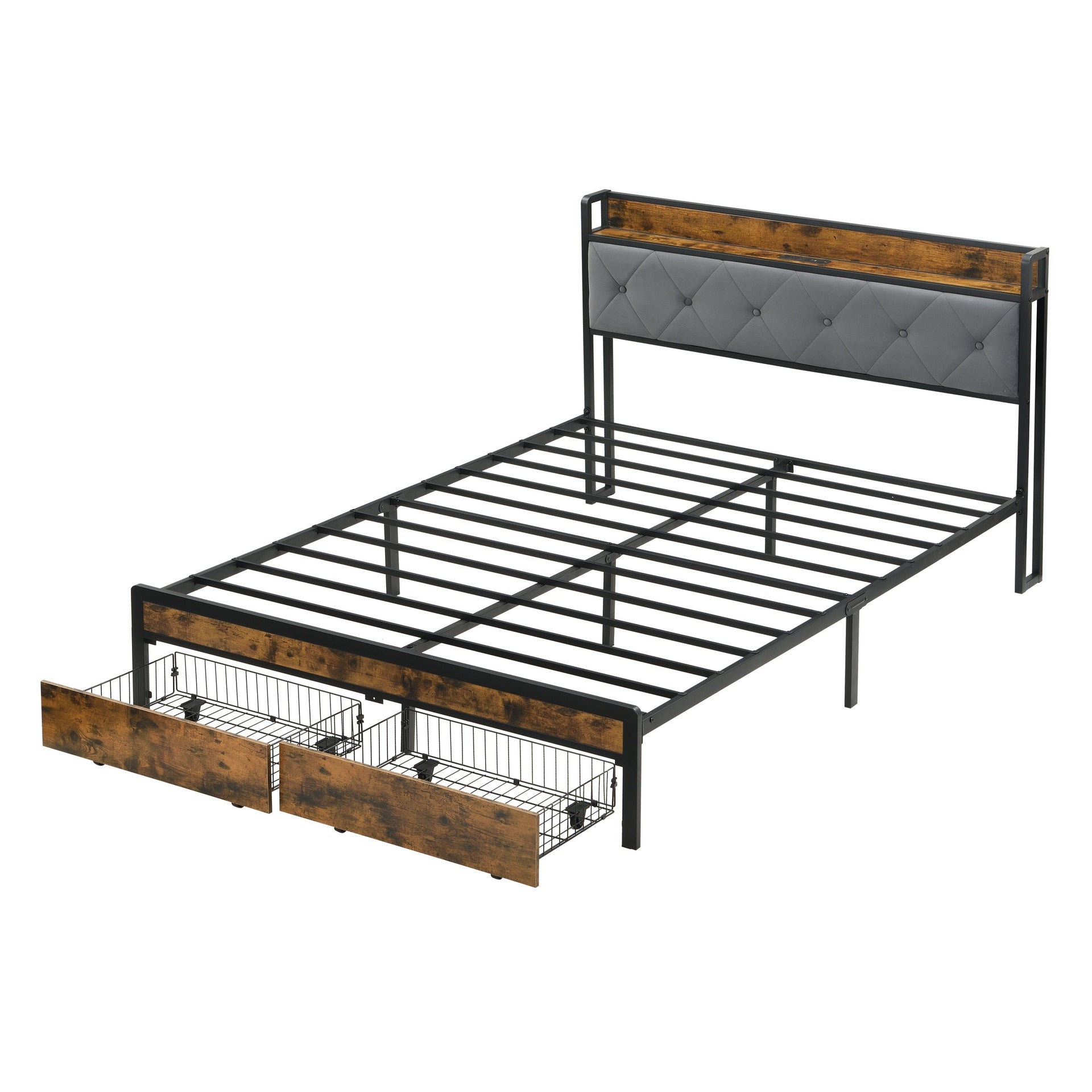 Modern Full Bed Frame with LED Lights, Upholstered Headboard, Storage Drawers, USB Charging, Grey MDF & Iron