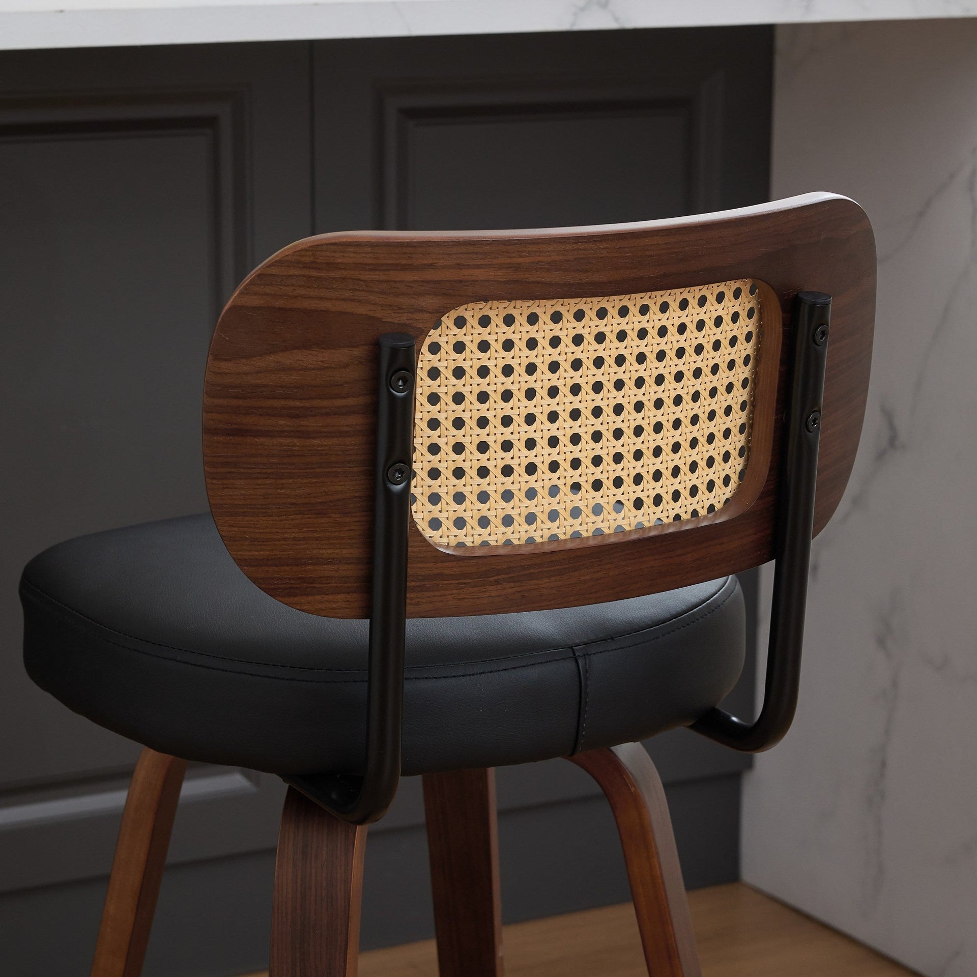 Set of 2 Counter Height Bar Stools - 26 inch Rattan Counter Height Stools with Cane Back, Upholstered Seat, Walnut Craftsmanship, Swivel Counter Stools for Island/Kitchen/Counter/Bar (Walnut Black)