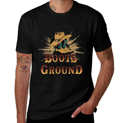 Boots On The Ground Western Cowboy Rodeo Country Ribbed Collar T-Shirt