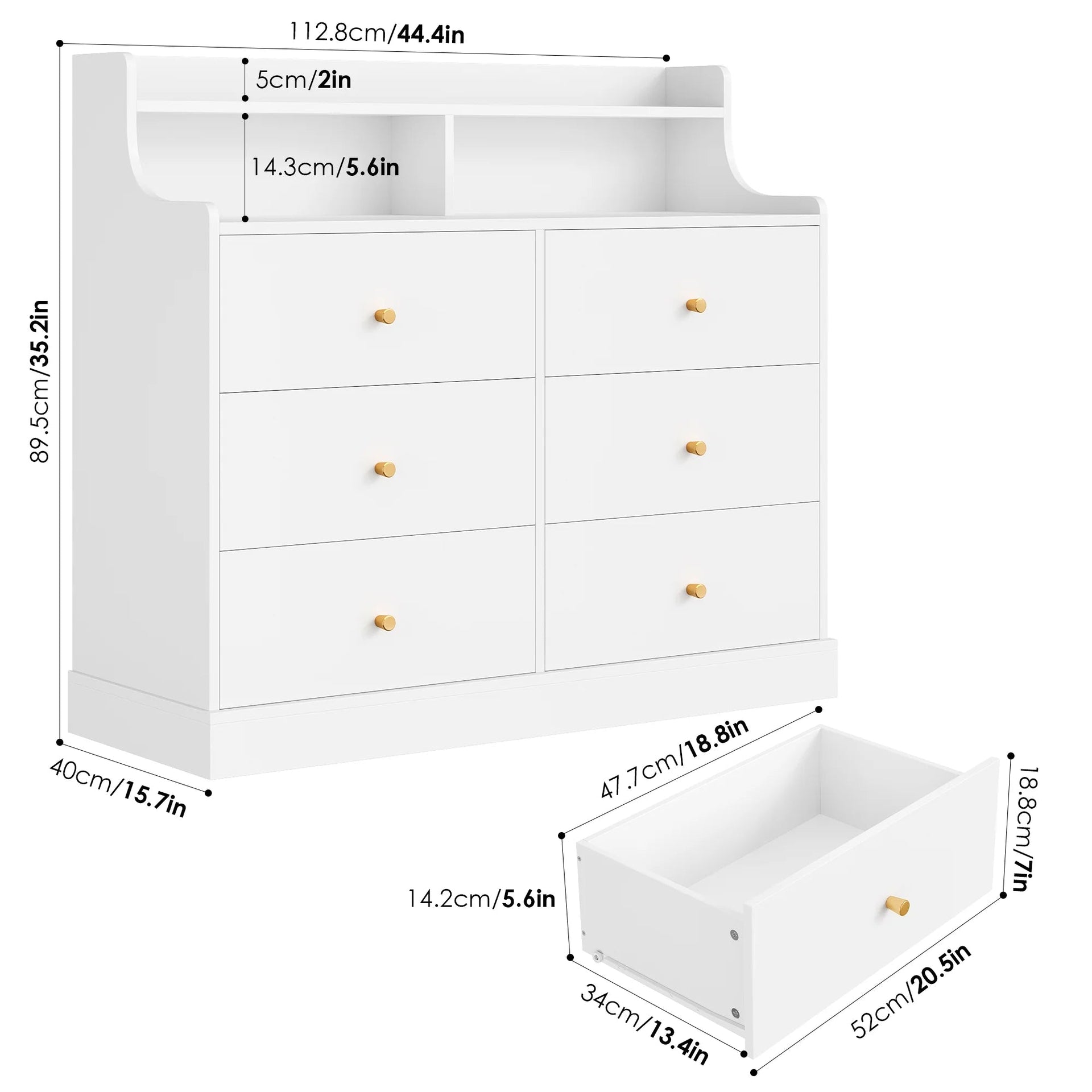 6 Drawer Double White Dresser with Hutch, Modern Wood Dresser Storage Cabinet for Bedroom Living Room