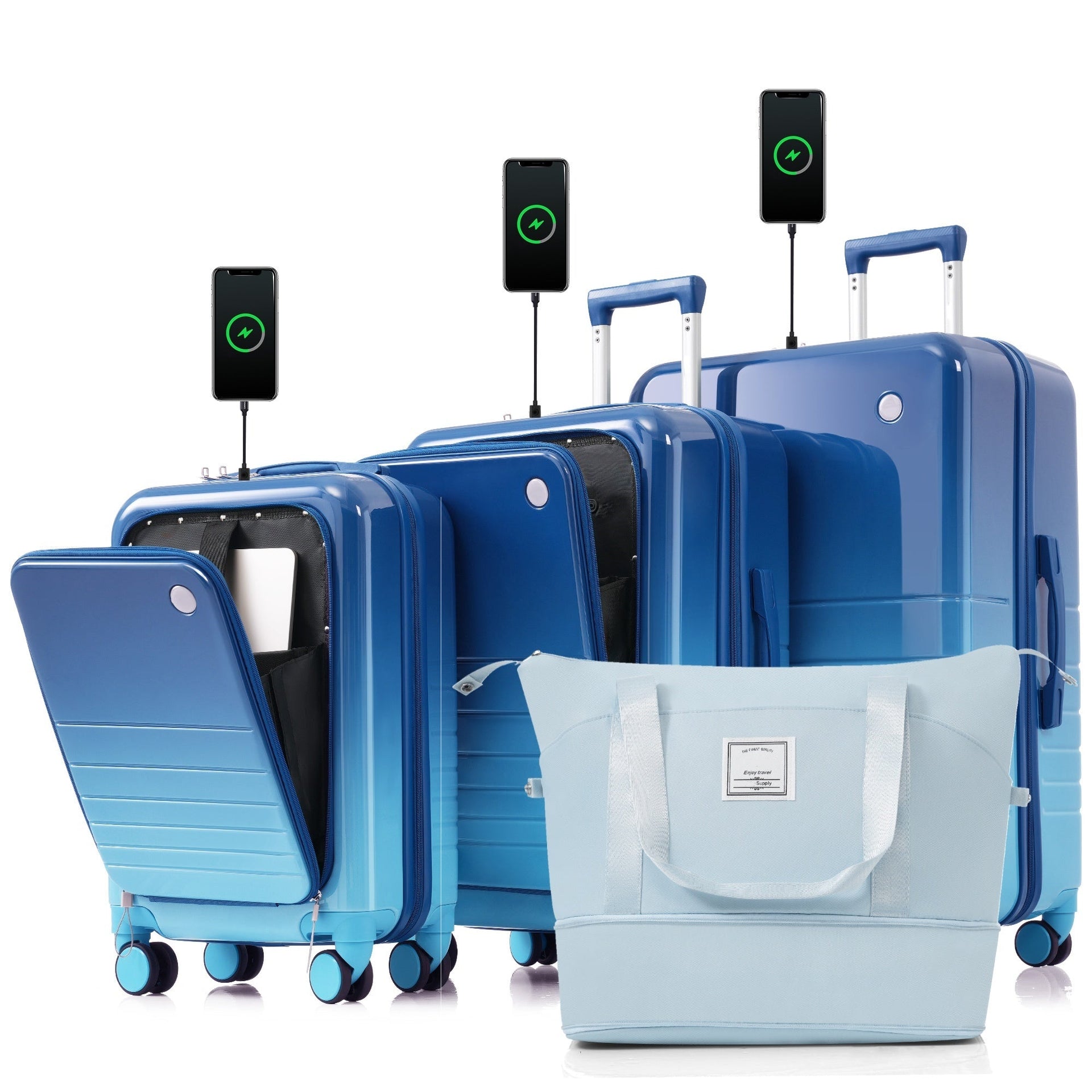 Luggage Set of 4 with USB Port, 20, 24inch with front opening design Airline Certified Carry on Luggage with Cup Holder, ABS+PC Hard Shell Luggage with Expandable Travel Bag, blue
