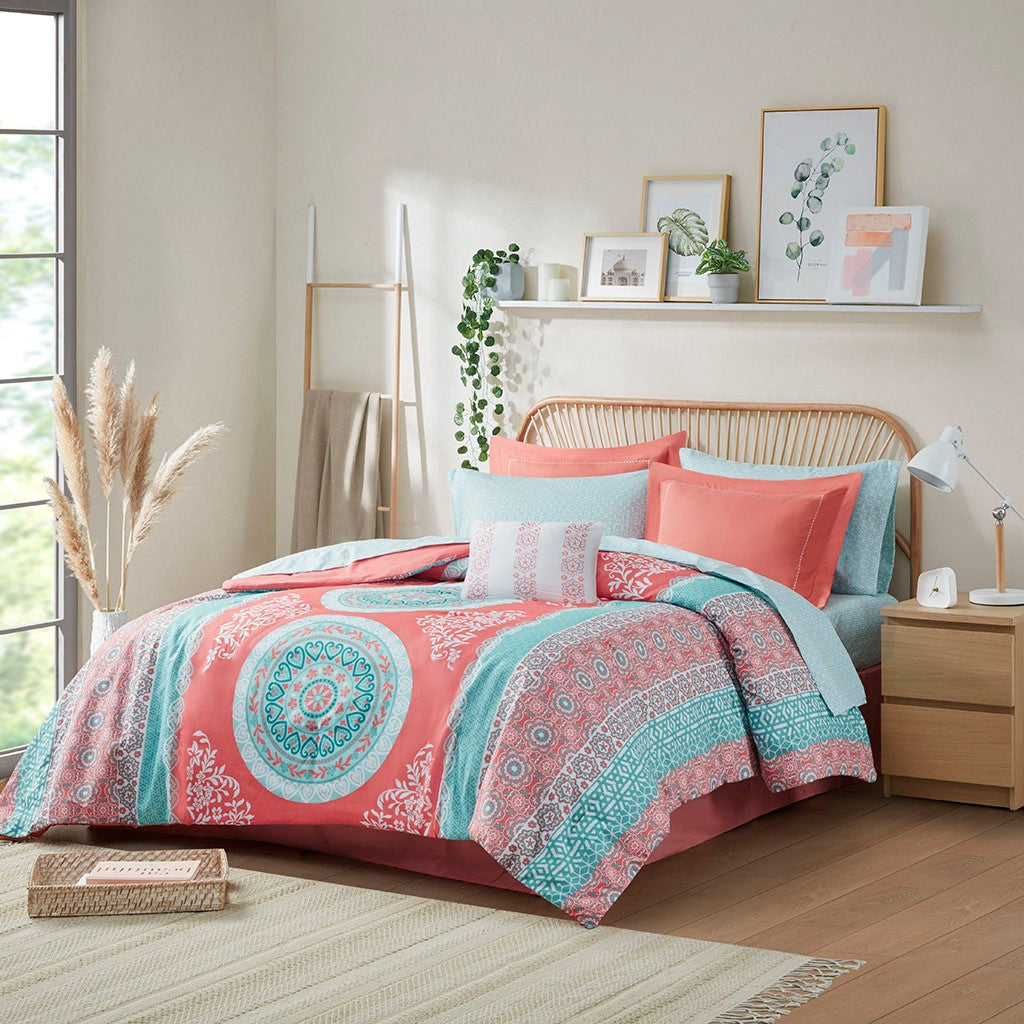 Loretta Boho Comforter Set with Bed Sheets in Coral by Intelligent Design