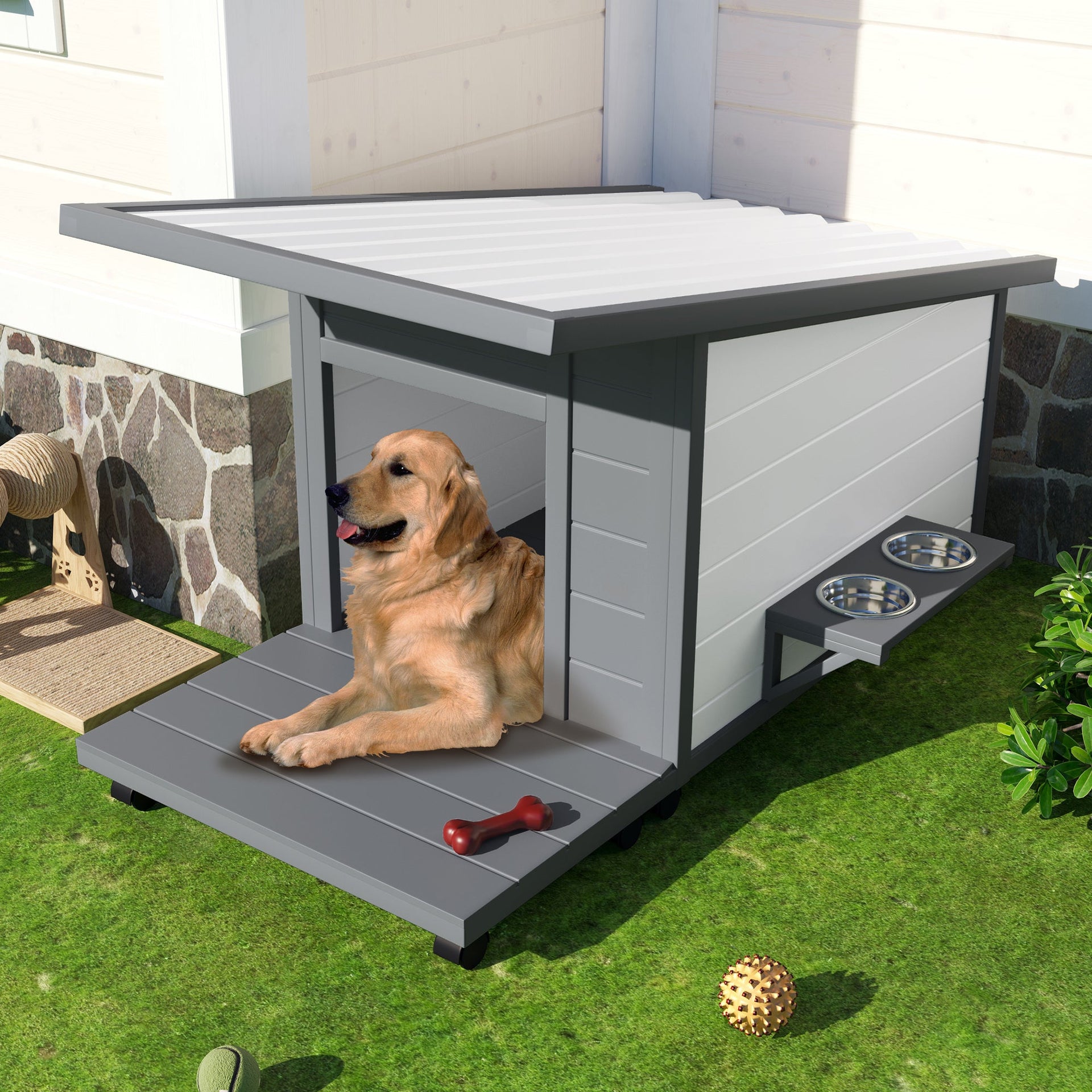 Modern Design Outdoor Dog House with Food Bowl and Wheels, Grey Pine, 44.1 x 22.1 x 28.8 inches