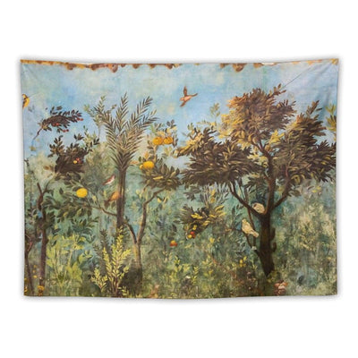 ANTIQUE ROMAN WALL PAINTING Flower Garden Flying Birds ,Quince And Apple Trees Tapestry