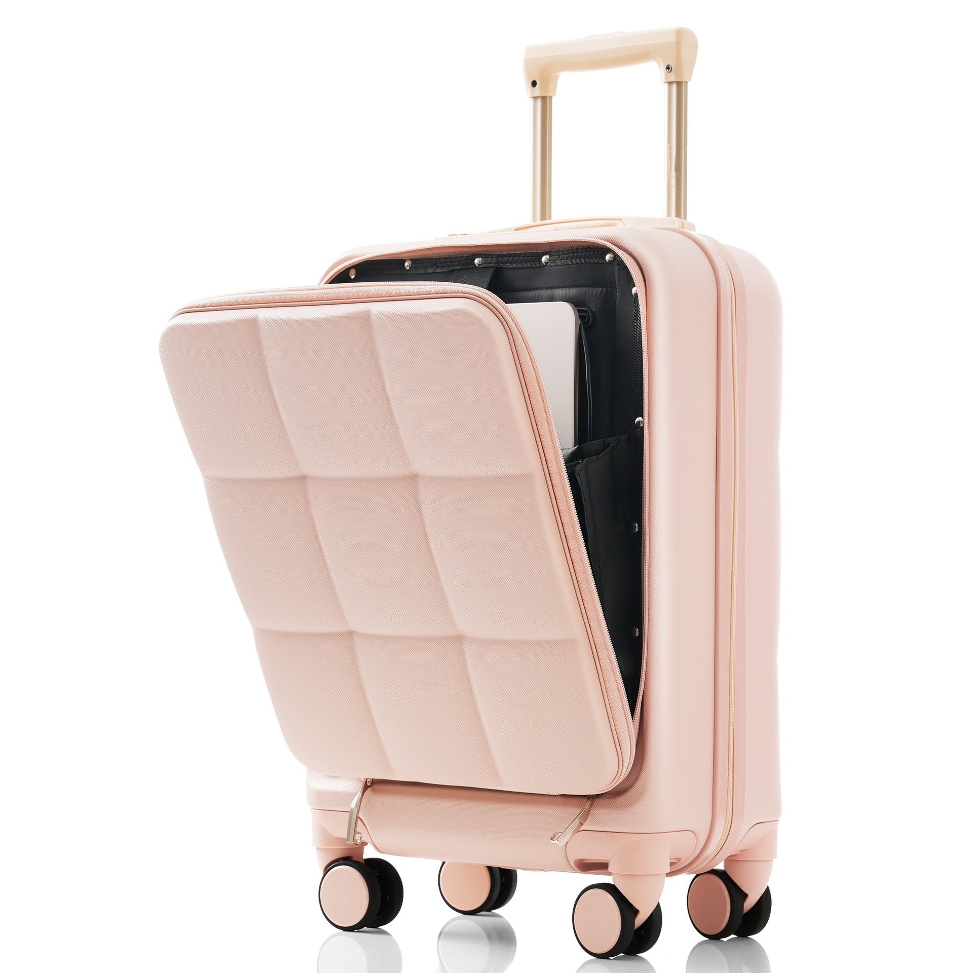 Luggage Sets 3 Piece, 20-inch with USB Port and front opening design, ABS Hard Shell Luggage with Spinner Wheels, Cup Holder, pink