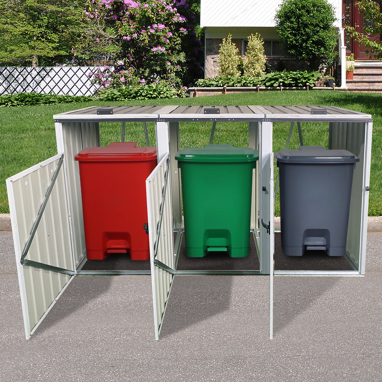 Garbage Bin Shed Stores 3 Trash Cans Metal Outdoor Bin Shed for Garbage Storage,Grey