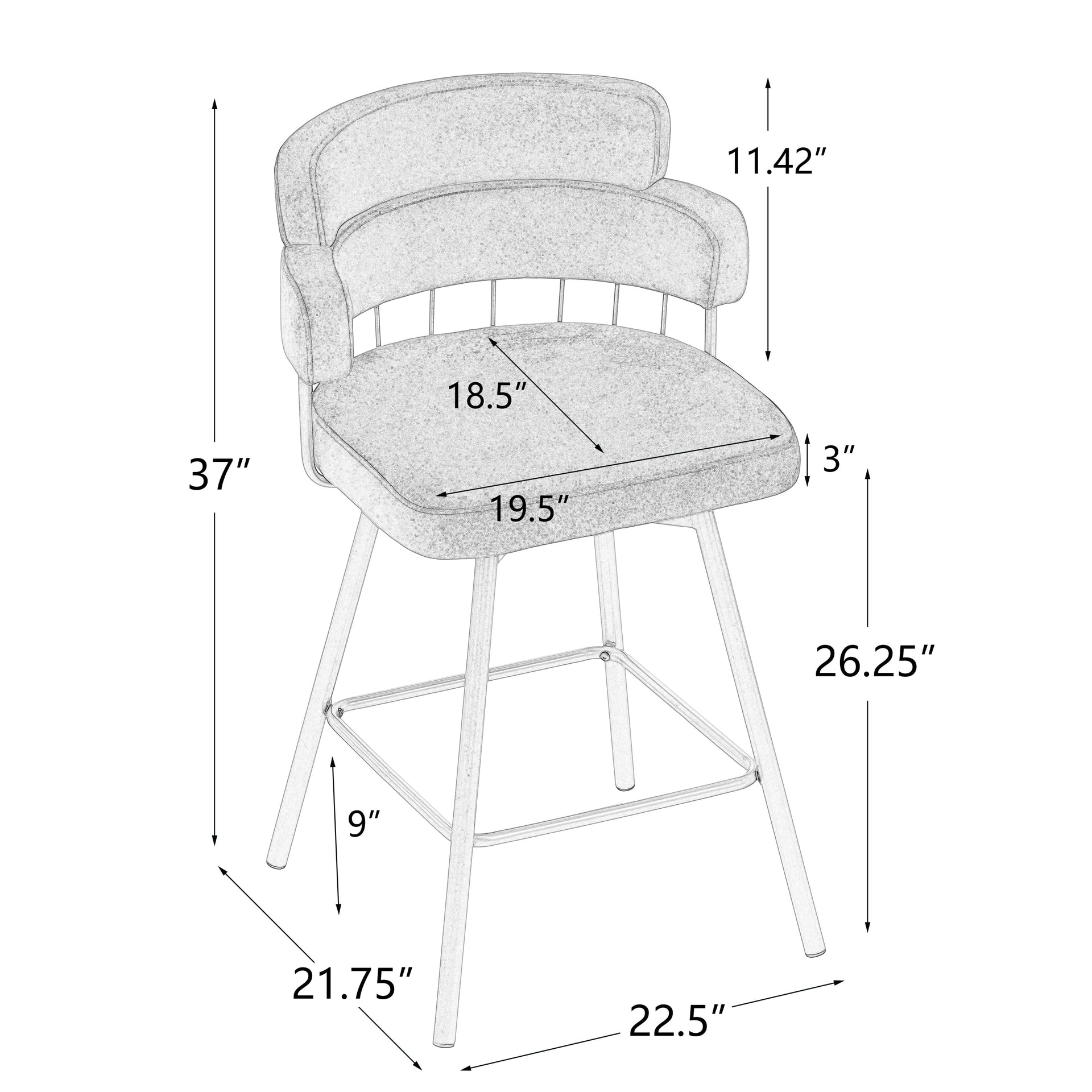 26' Counter Height Bar Stools Set of 2, 180° Swivel Upholstered Barstools with Backs and Metal Legs, Bar Stools for Kitchen Island, Cafe, Pub,