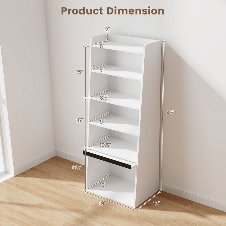 6-Tier Bookcase Freestanding Ladder Bookshelf with 2 Adjustable Shelves and Flip Up Door