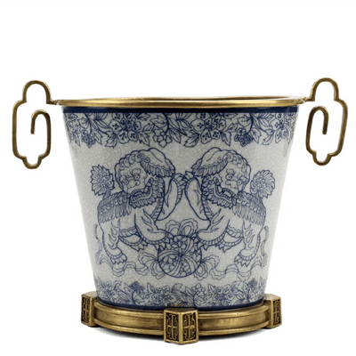 Blue and White Lucky Foo Dogs Pattern Oval Basin With Bronze Ormolu