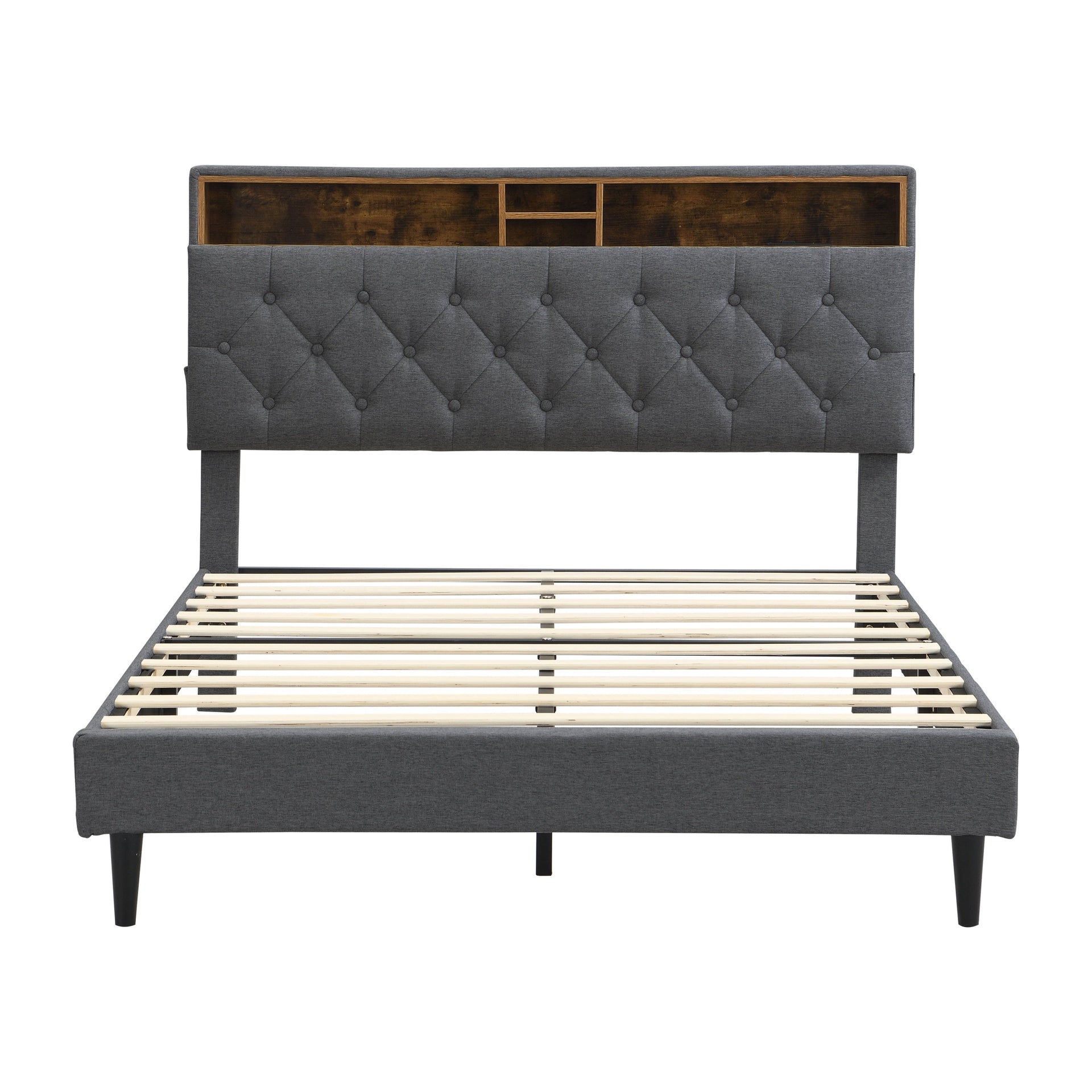 Modern Upholstered King-Size Platform Bed Frame with Button-Tufted Linen Headboard and USB Ports, Dark Grey