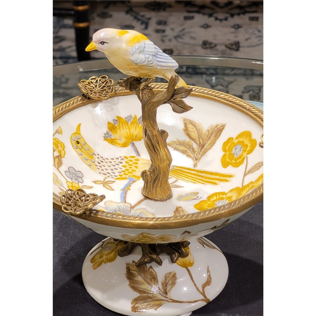 Ormolu Porcelain Bird Dish with Bronze - Yellow Floral