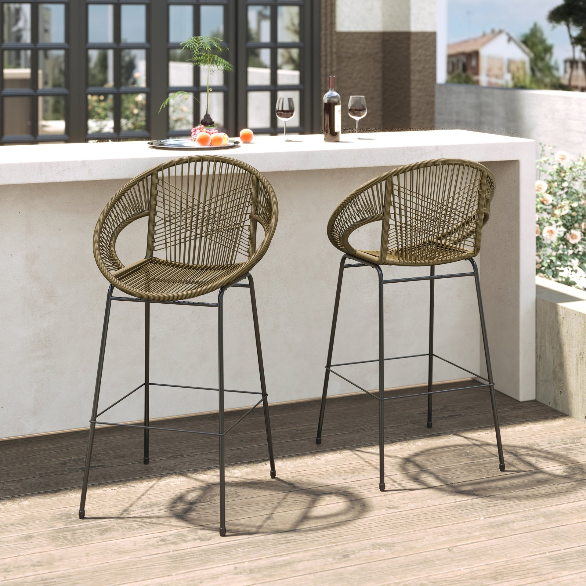 Ferrara Outdoor Patio Green Faux Wicker Barstool Set with Ergonomic Design and Durable PE Material