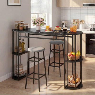 60 Inch Dining Table and 2 Upholstered Barstools with Faux Marble Tabletop-Gray