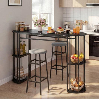 60 Inch Dining Table and 2 Upholstered Barstools with Faux Marble Tabletop-Gray