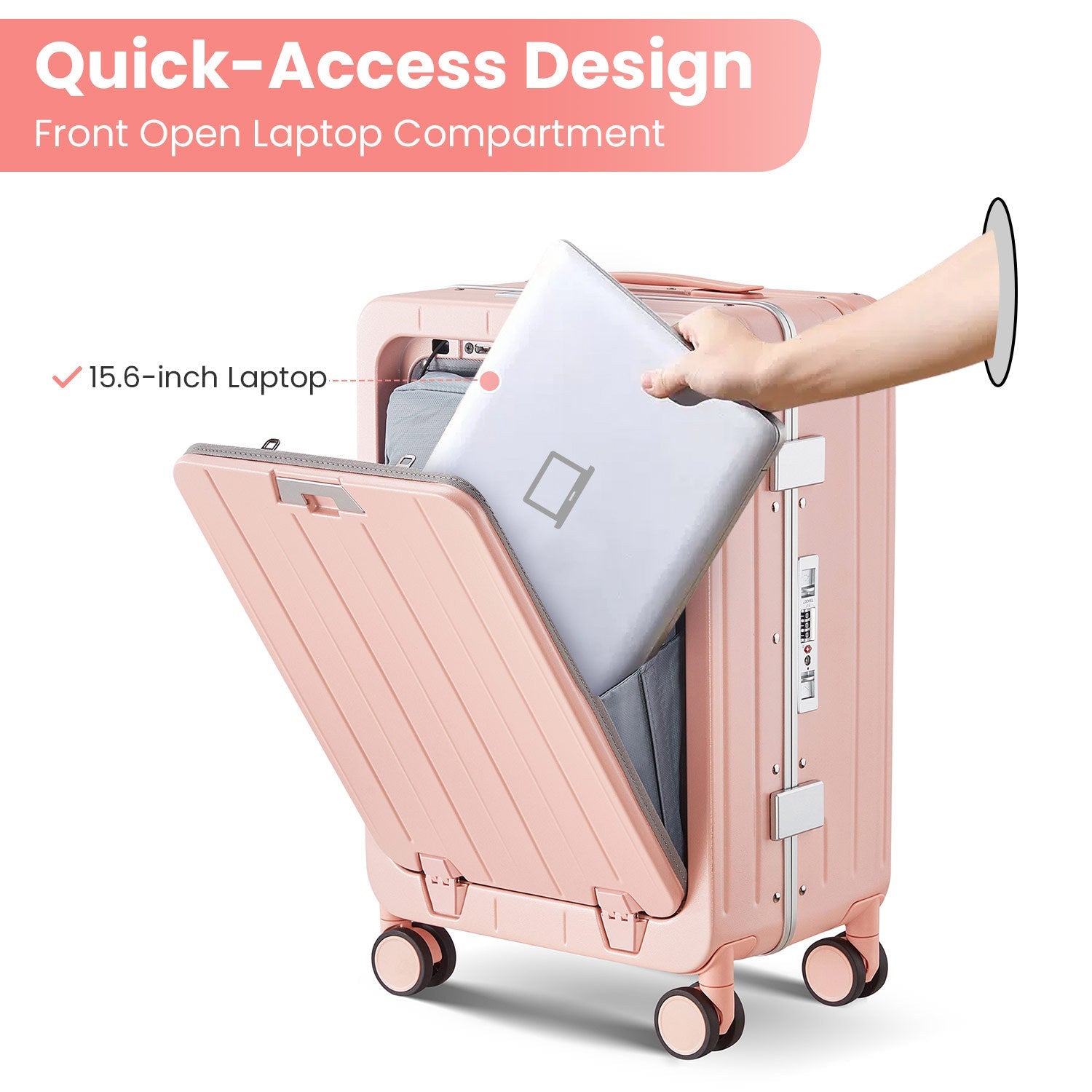 Aluminum Frame 20 Inch with Front Open Carry-on Luggage, PC Hard Shell Suitcase, Bounce Wide Handle Pull Rod Luggage with 360°Double Wheels, Built-In TSA Lock, Airline Approved Suitcase for Business