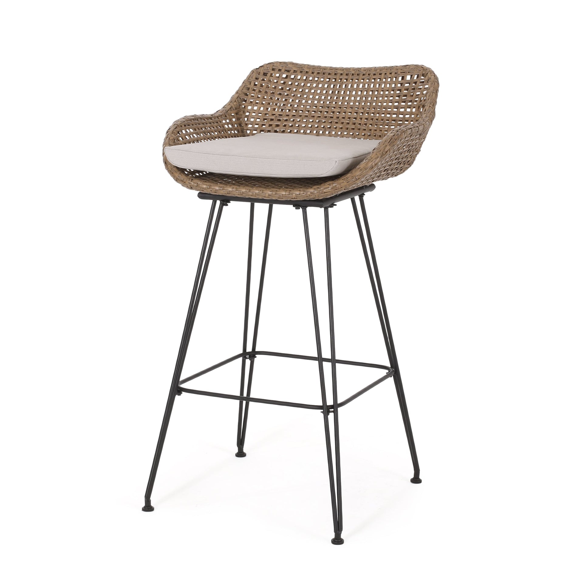 29.25' Outdoor Wicker and Iron Low Back Barstools, Light Brown, with Beige Cushion (Set of 2)