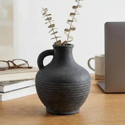 Black Ceramic Vase, Rustic Farmhouse Vase with Handle, 6 inch Terracotta Clay Small Vases, Centerpieces for Dining Table, Living Room, Bedroom, Entryway, Shelf Decor