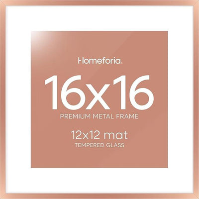 Homeforia 16x16 Picture Frame Rose Gold, High End Metal 16 x 16 Square Poster Frame with Mat 12 x 12 Photo, 16x16 Frame Matted to 12x12 Print, 16by16 Hanging Frames, Tempered Glass, Wall Kit, Set of 1
