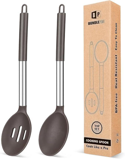 Pack of 2 Large Silicone Cooking Spoons,Non Stick Solid Basting Spoon,Heat-Resistant Kitchen Utensils for Mixing,Serving,Draining,Stirring (CHOCOLATE)