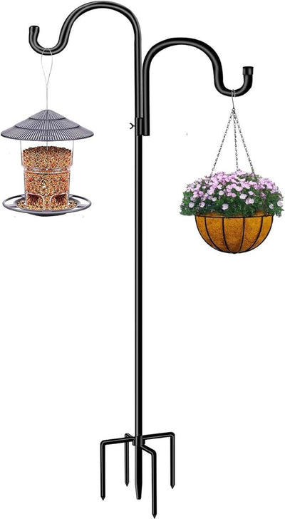 Double Shepherds Hook for Outdoor,78 Inch Bird Feeder Pole with 5 Prongs Base,Adjustable Heavy Duty Garden Hanging Holder for Hanging Plant,Solar Light,Weddings Decor,Hummingbird Feeder(1 Pack)
