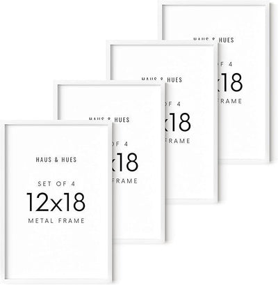 HAUS AND HUES 12x18 White Metal Picture Frames - Features Premium Aluminum, Vertical & Horizontal Hang, Shatterproof Plexiglass - Perfect for Home, Room, Office (12x18 in, White, Set of 4)