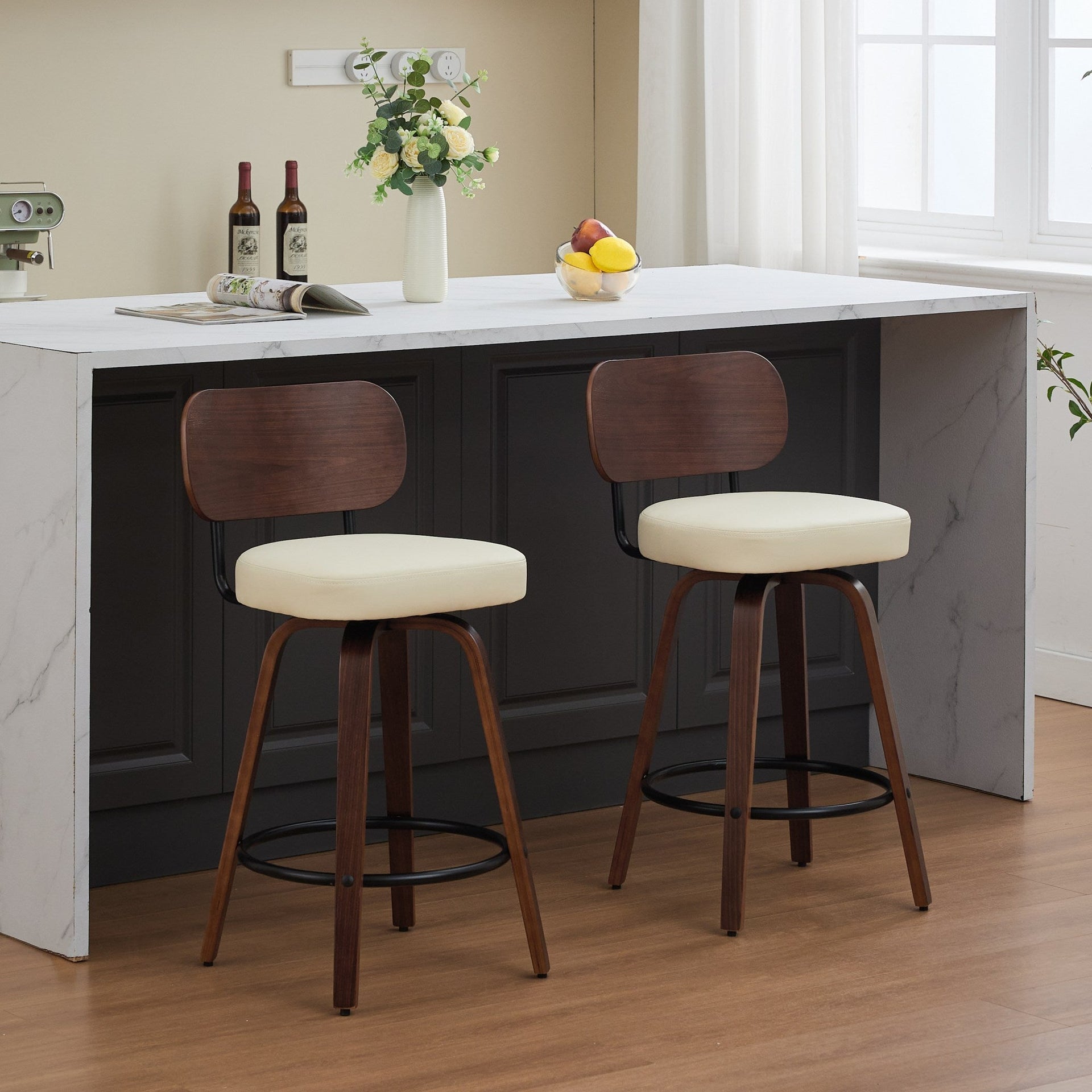Swivel Bar Stools Set of 2, 26' Upholstered Faux Leather Counter Height Barstools with Walnut Back & Bentwood Legs, Mid Century Modern Bar Chairs Island Stools for Kitchen Counter, Beige PU, SW1864BG