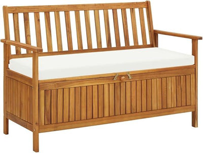 vidaXL Solid Acacia Wood Outdoor Storage Bench with Backrest, Armrests, and Cushion - 47.2