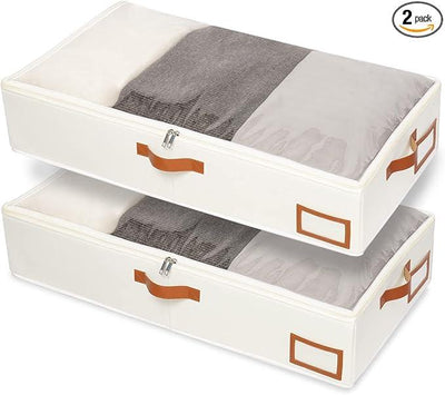Yawinhe Under Bed Storage Containers, 2 Pack, Bin with Lids, Collapsible Closet Organizers, with Sorting Card Slot and 4 Leather Handles, for Blanket, Bedding, 31.5''Lx15.7''Wx6''H, Beige