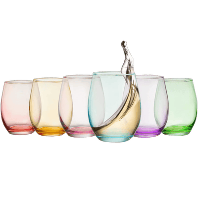 Colored Wine Glass Set, Large 12 oz Glasses Set of 6, Unique Italian Style Tall Stemless for White& Red Wine, Water, Margarita Glasses, Color Tumbler, Beautiful Glassware (Stemless)