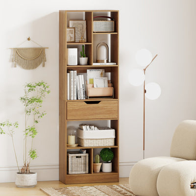61inch Tall Freestanding Bookcase with Drawer 8-Cube Storage Organizer-Natural