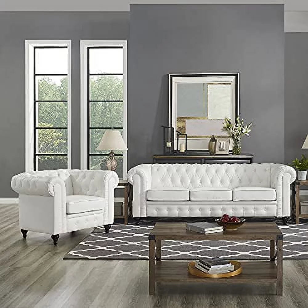 2 Piece Living Room Set, Faux Leather Chesterfield Sofa & Chair, Deep Button Tufted with Rolled Arms, Home Furniture
