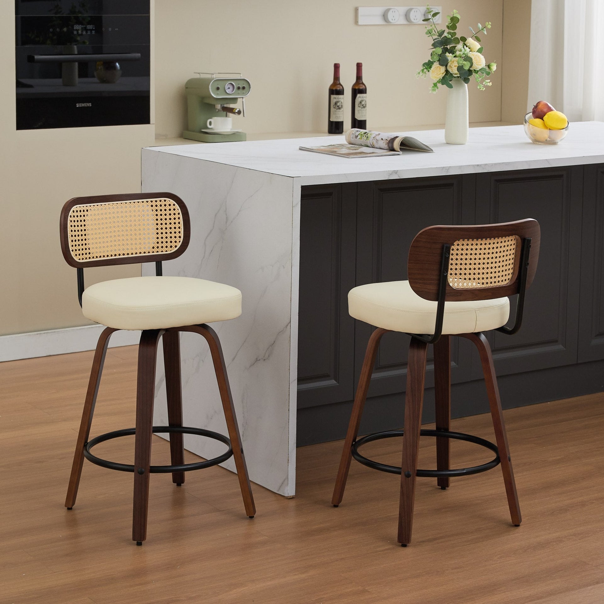 Set of 2 Counter Height Bar Stools - 26 inch Rattan Counter Height Stools with Cane Back, Upholstered Seat, Walnut Craftsmanship, Swivel Counter Stools for Island/Kitchen/Counter/Bar (Walnut /Beige)