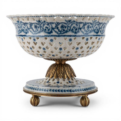 Porcelain Pierced Pedestal Bowl With Bronze Ormolu - Blue Scroll