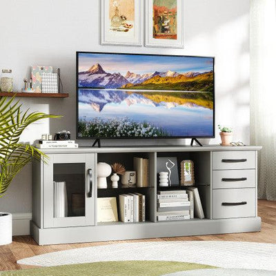 63 Inches Media Console Table with 3 Drawers and 2 Glass Shelves-Gray