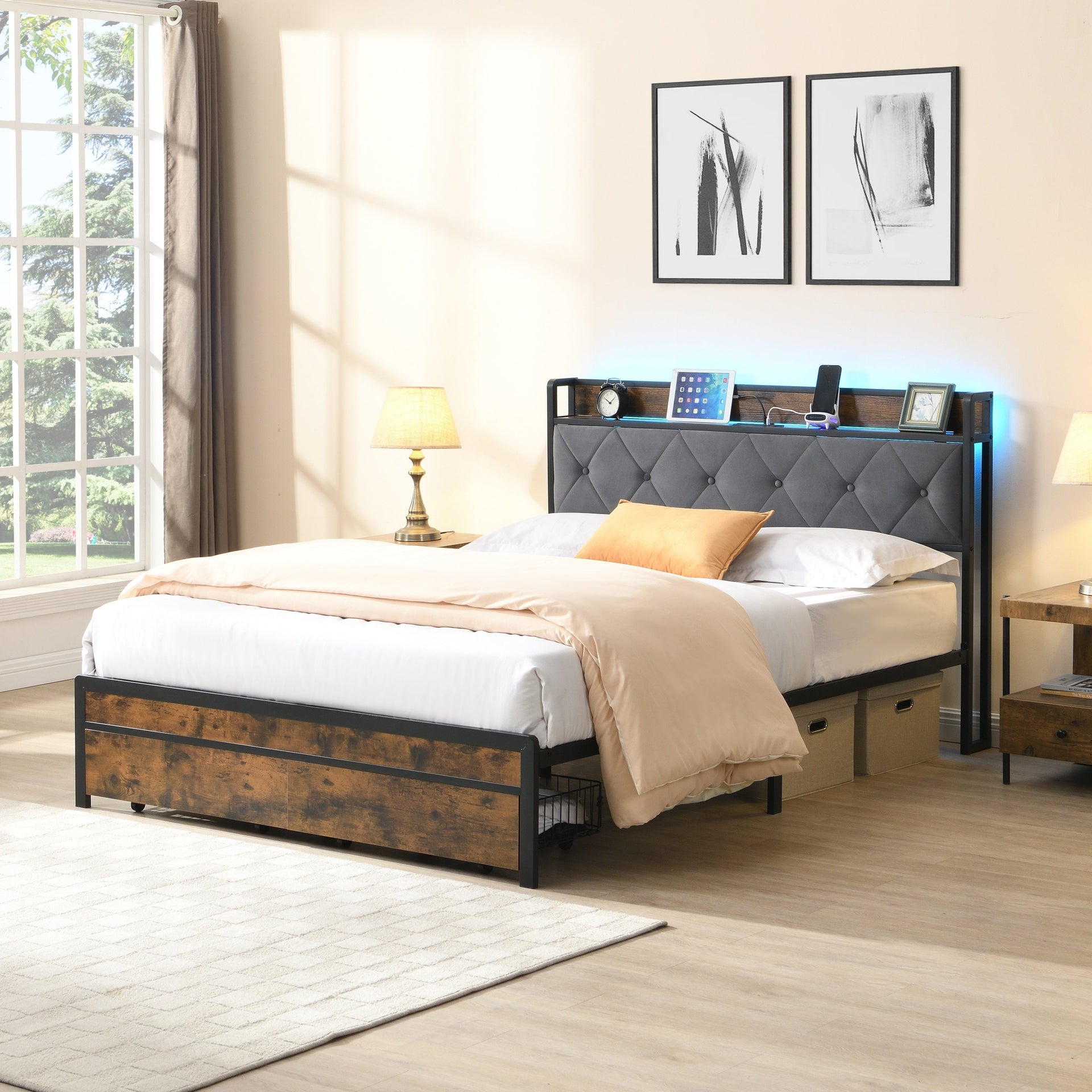 Modern Full Bed Frame with LED Lights, Upholstered Headboard, Storage Drawers, USB Charging, Grey MDF & Iron