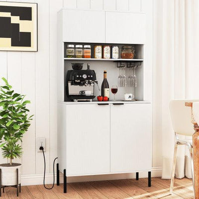 64.5 Inches Tall Kitchen Pantry Cabinet with Charging Station and Wine Glass Rack-White