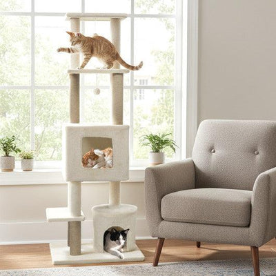 64 Inch Tall Cat Tree with 2 Large Condos and Jute Scratching Posts for Indoor Adult Cats-Beige