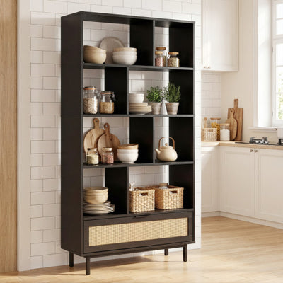 64 inch 6-Tier Tall Wooden Bookcase with 8 Open Cubes-Black